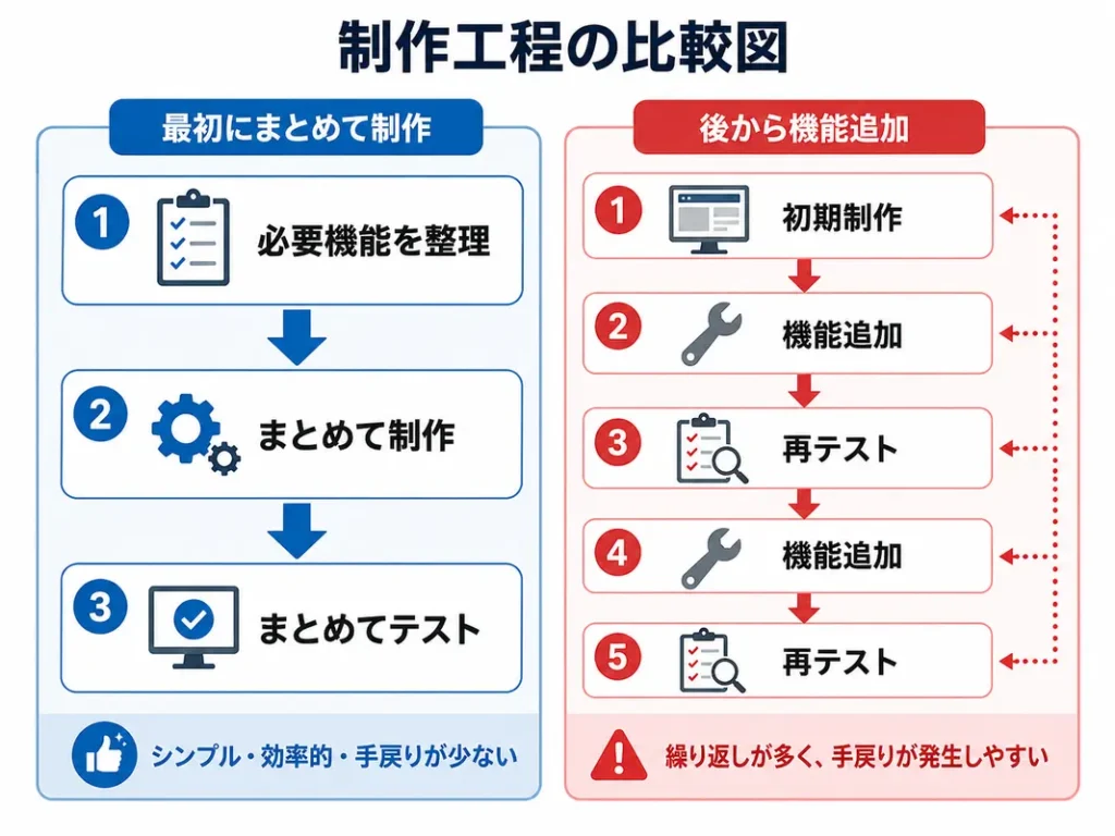 必要な機能を最初にまとめて制作する場合と、後から機能を追加して再テストを繰り返す場合の制作工程比較図